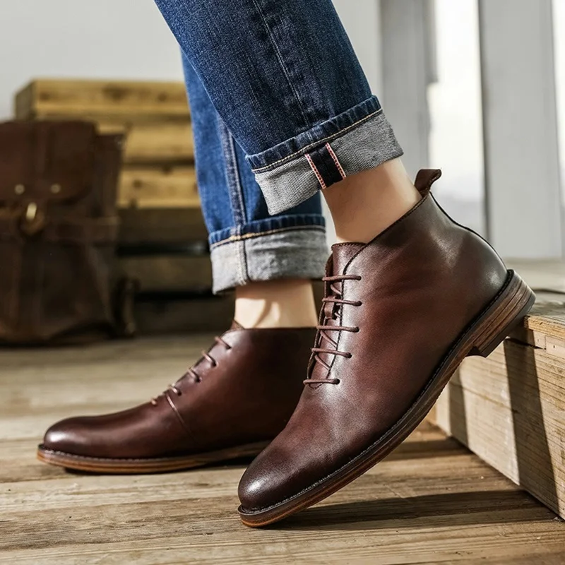 Men's High-top Leather Chelsea Boots, Retro Casual Shoes, Warm Plush, Business Formal Shoes, Big Size, British Designer Brand
