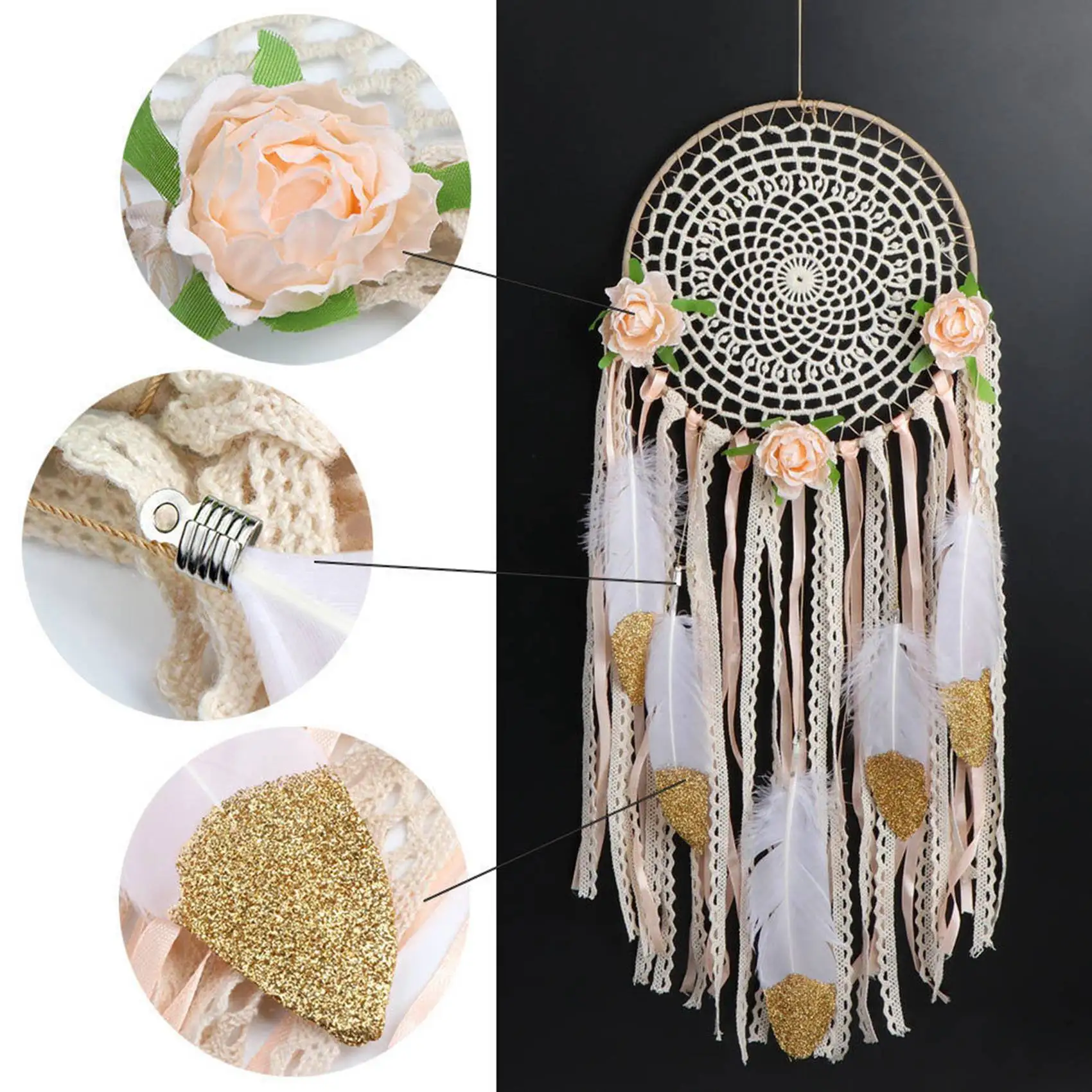 Woven Flower Feathers Dreamcatcher Boho Macrame Hanging Dream Catcher DIY Wind Chimes Wall Art Wedding Decoration 3