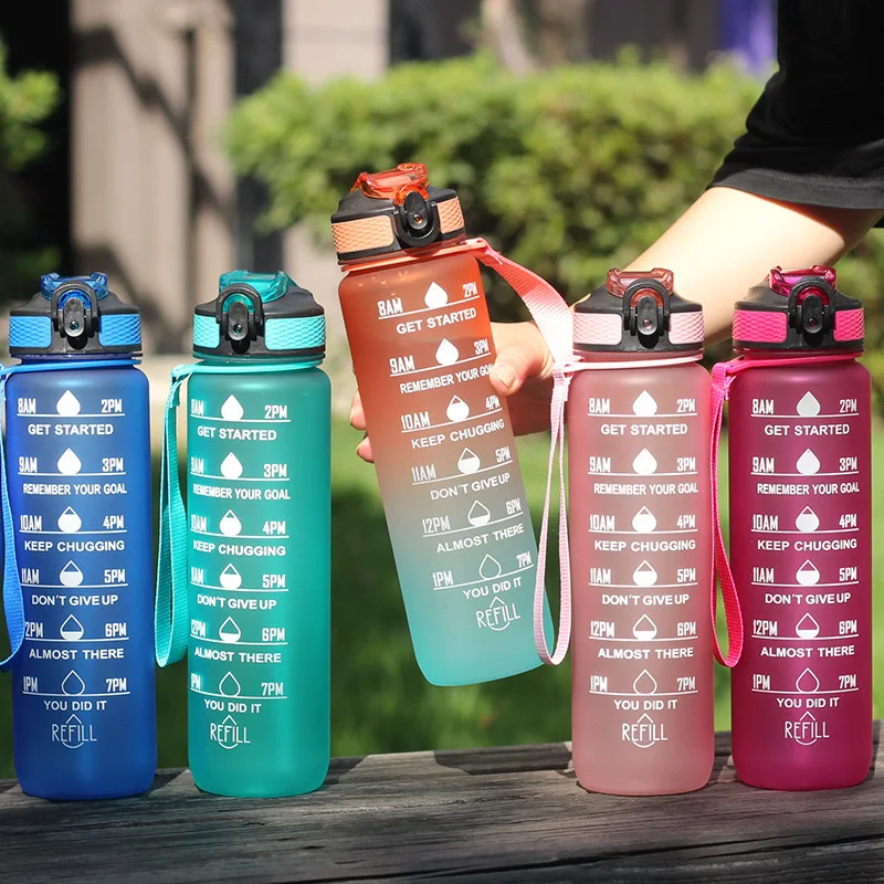 1000ML Sports Water Bottle Gradient Color Plastic Bounce Cap Straw Cup Portable Fitness Bike Cup Gym Camping Tour Water Bottle