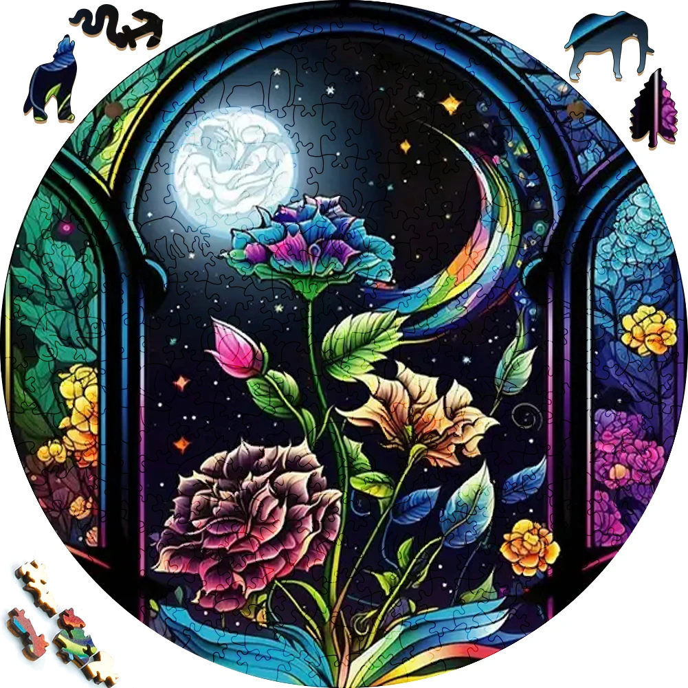 Flowers Under Moonlight Wooden Puzzle painted Funny Toy Wood Puzzles Smart Game Round Shaped Jigsaw Puzzle Best Gift For Friends beautiful wooden puzzle painted star sea tower funny toy landscape wood puzzles smart game round shaped jigsaw puzzle best gift