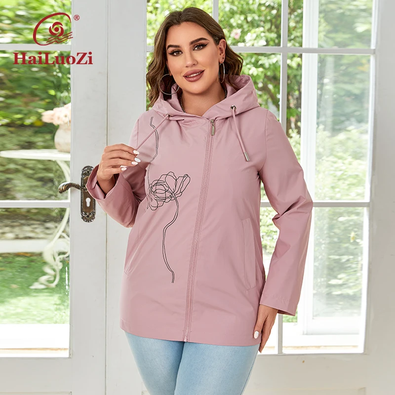 HaiLuoZi 2023 New Women Plus Size Trench Coat Hooded Windbreaker High-quality Casual Slant Zipper Female Short Jackects 731