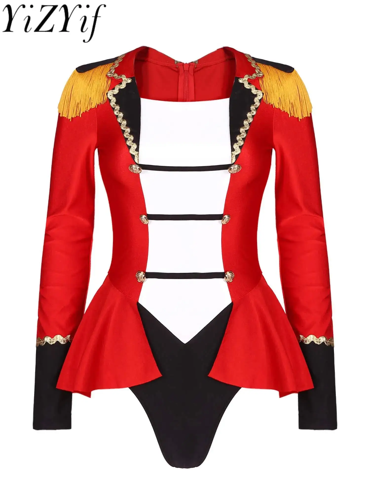 

Women Circus Ringmaster Cosplay Costume Halloween Carnival Party Showman Leotard Bodysuit Patchwork Long Sleeve Skirted Jumpsuit