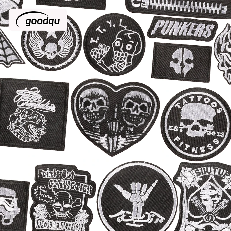 Schwarz-weißer Totenkopf zum Aufbügeln, Rock für Kleidung, bestickt, Mochila-Hut, zum Aufnähen, Patches, Punk-Stoff, Diy, Nas Vendki, Jacken-Aufkleber