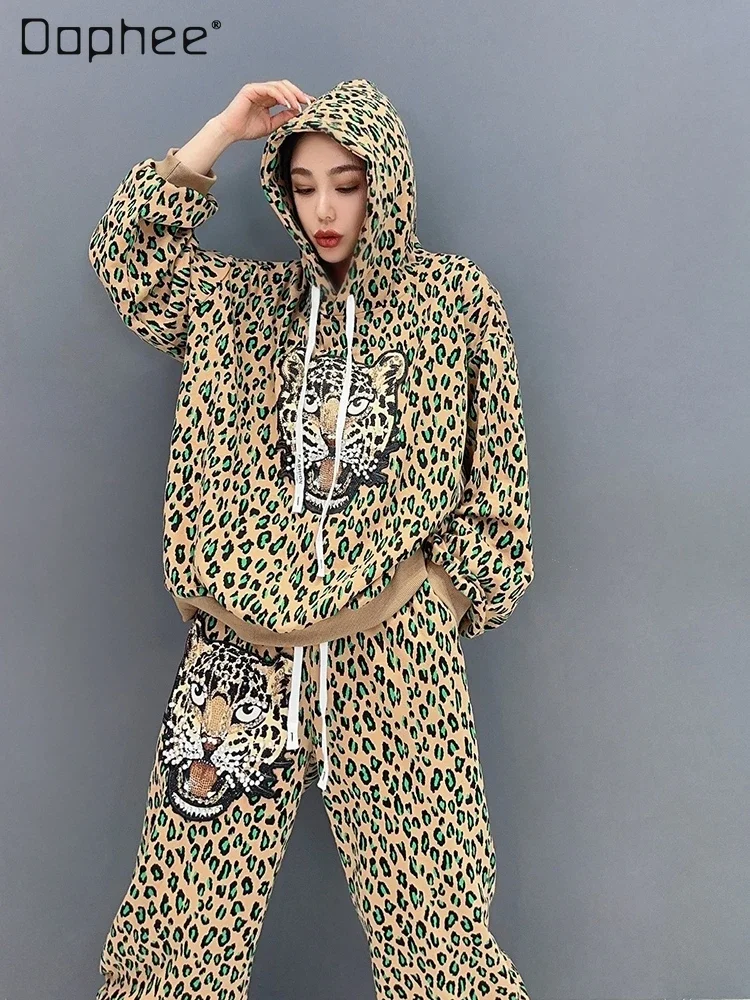

Sports Sets 2023 Autumn Winter New Korean Style Leopard Print Printed Hoodie Casual Trousers Two Piece Sets Womens Outifits