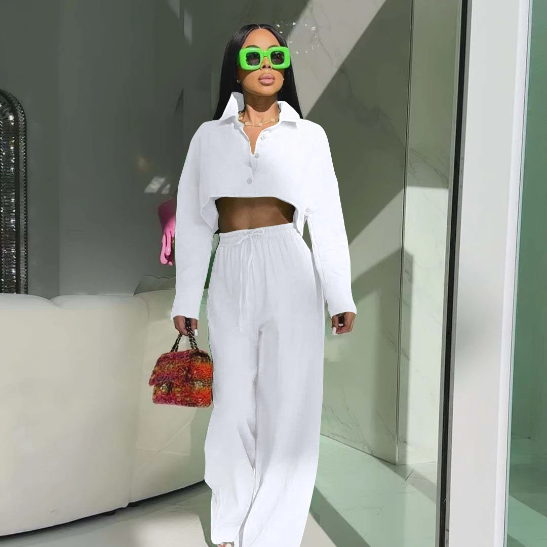 Solid Casual Two Piece Set Lounge Wear 2023 Autumn New Simple Long Sleeve Short Shirt Elastic Waist Wide Leg Pants Streetwear