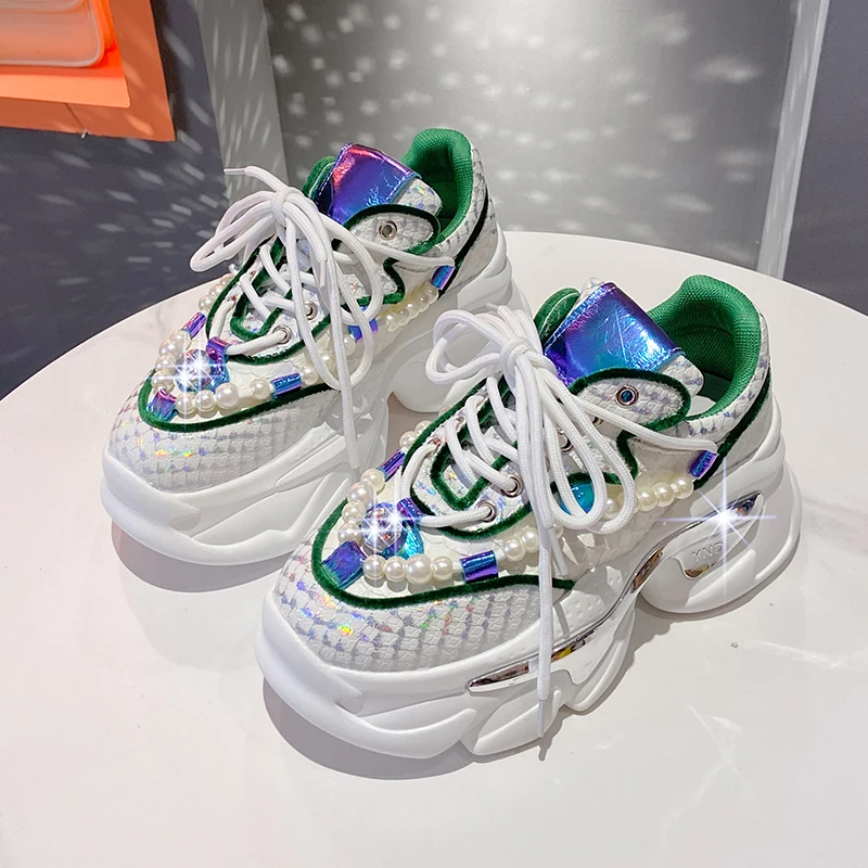 Snake Print Chunky Sneakers Women 2023 Thick Bottom Platform Ladies Sports Shoes New Autumn Pearl Rhinestone Dad Shoes Woman 8CM