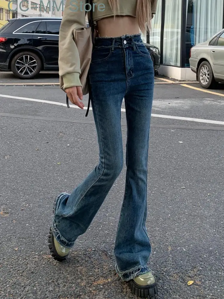 New Black Casual Jeans Women High Waist Chic Slim Flare Pants Female Streetwear Korean Fashion Denim Trousers Winter