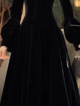 OCEANLOVE 2024 Spring Autumn Women Dresses Velvet Hepburn Style Solid Lantern Sleeve Vestidos Mujer French Vintage Long Dress 6