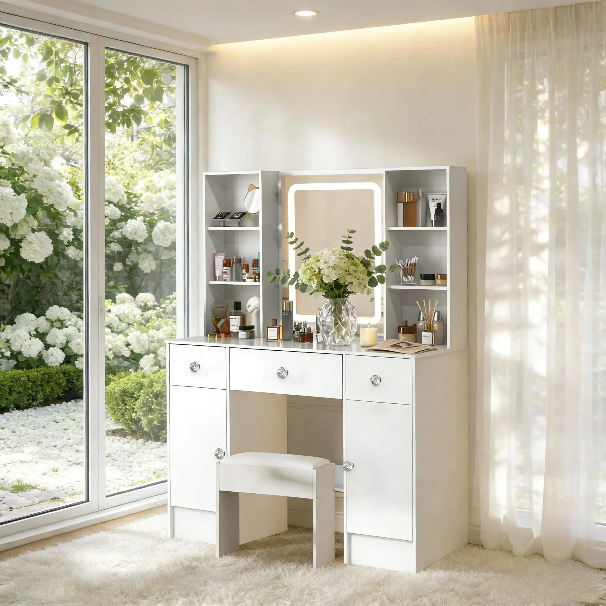 New White Large Vanity Set, 3 Color Dimmable Led Mirror, 3 Drawers & Padded Stool, Sturdy Frame Easy Assembly Bedroom