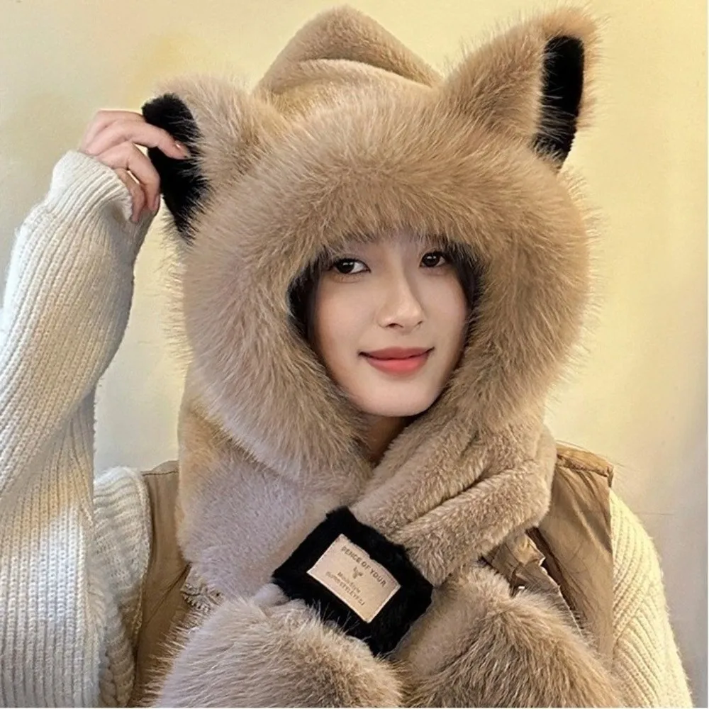 Zweiteiliges Set Fuchsohren-Mütze, Schal, verdickter Kälteschutz, Bärenmütze, Schal, koreanischer Stil, integriertes Design, Halswärmer für den Winter – Detail 2