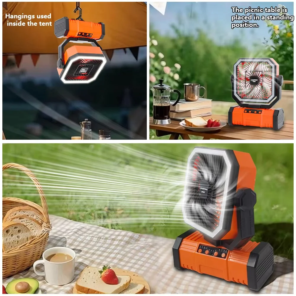 Outdoor Camping 20000mAh Rechargeable Fan With LED Lantern & Remote For Fishing Travel, 4 Speeds 8H Timer, Hanging Hook_voghion.com