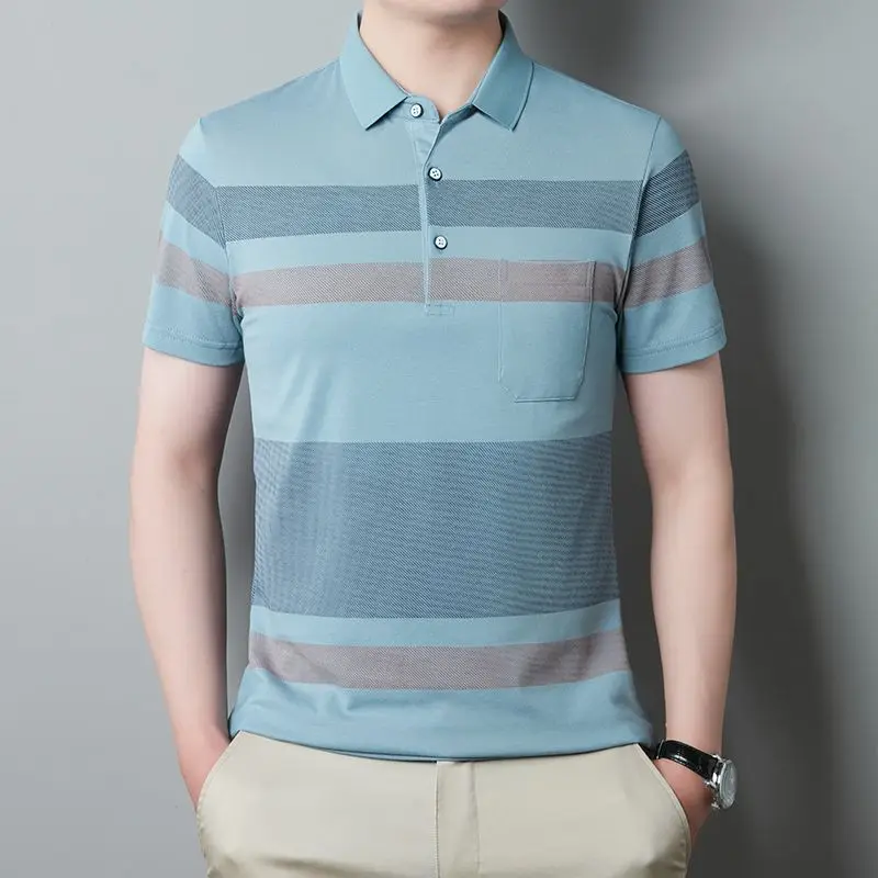 

Summer Striped Pullover Turn-down Collar Button Pockets Solid Short Sleeve Polo T-shirt Casual Men's Clothing Vintage Tops