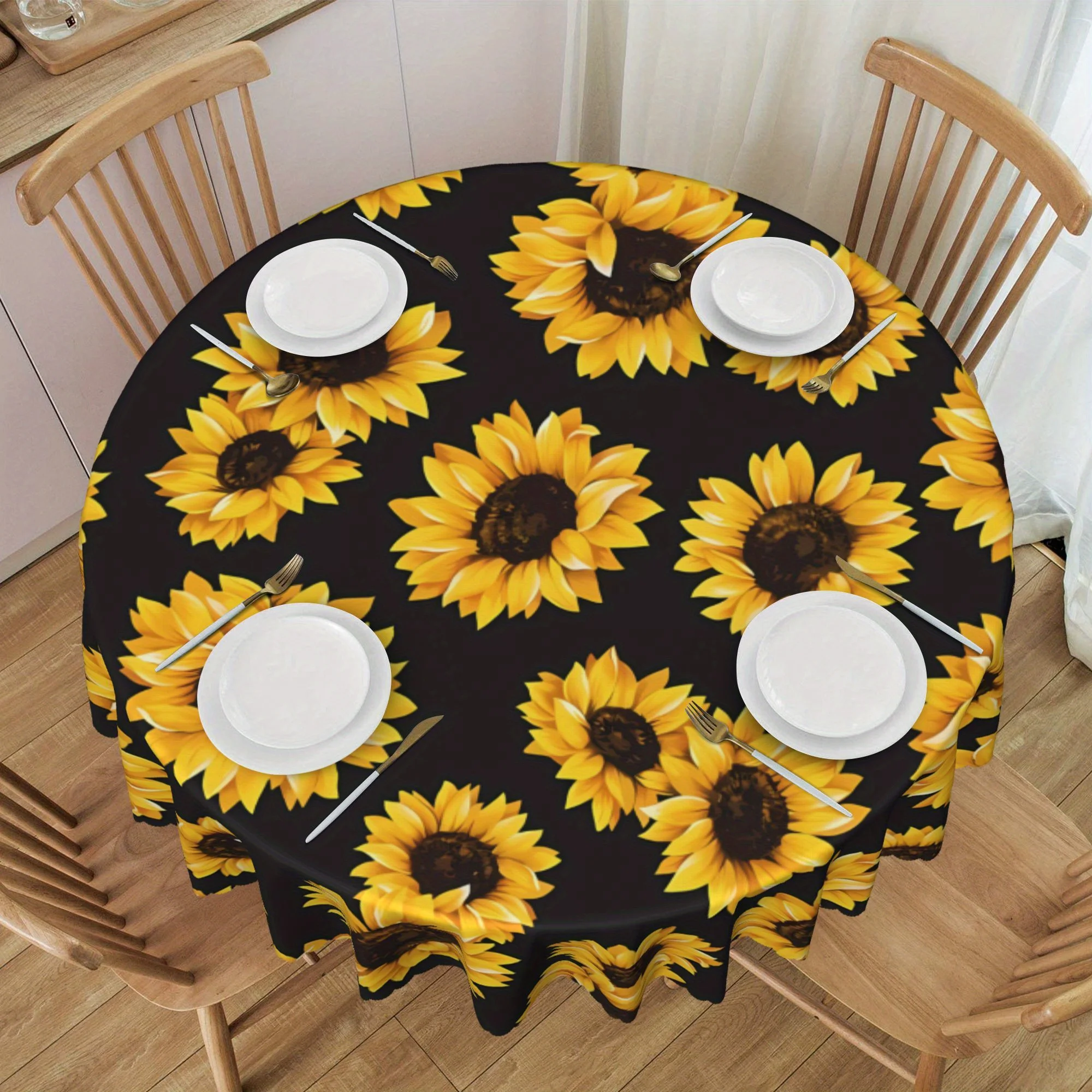 Sunflower Print Decoration Living Room Kitchen Dustproof Round Tablecloth Holiday Outdoor Party Dinner Decoration Accessories