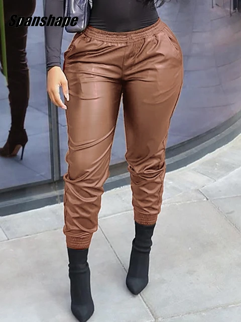 Winter Women Faux Leather Pants Elastic Waist Pu Leather Jogger