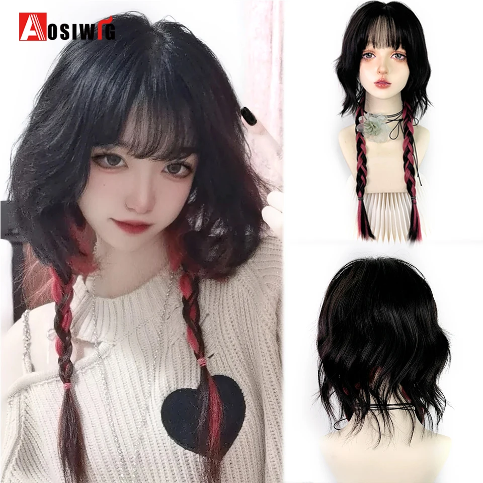 Ombre Black Red Long Synthetic Wig Women Jellyfish Natural Cosplay Lolita Wigs With Bangs Hair for Daily Party