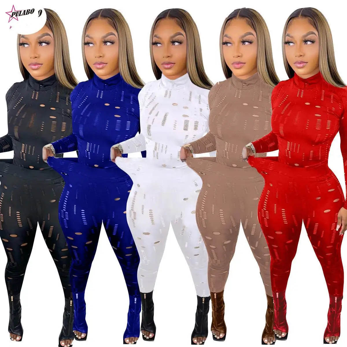 

Высокоэластичный комплект из двух предметов с дырками, женская черная водолазка, Топ с длинным рукавом, брюки-карандаш, костюм для фитнеса, тренировок, бега