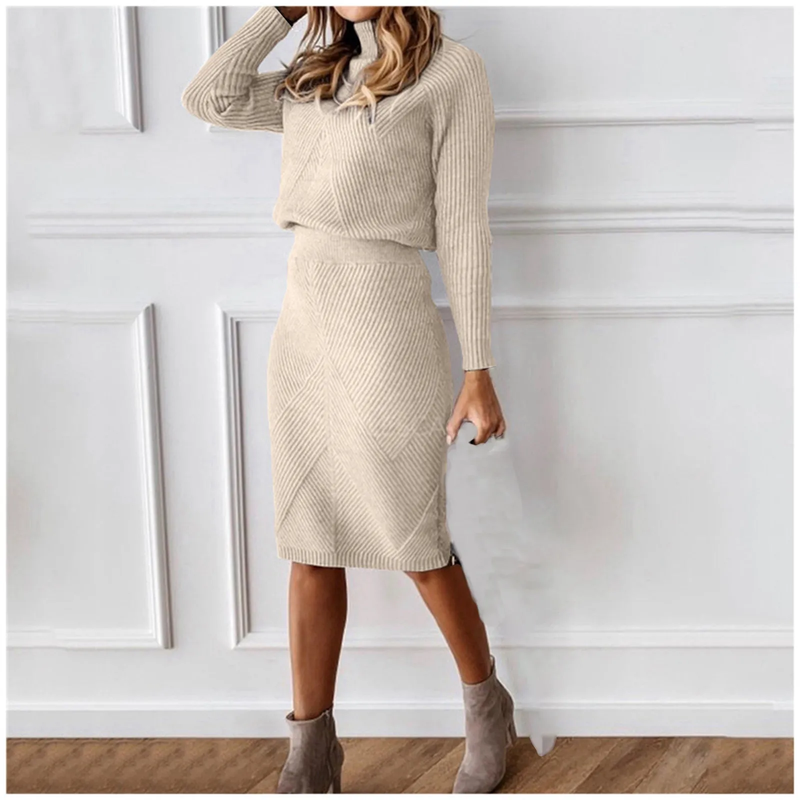 2024 Autumn Women's Knitting Costume Turtleneck Solid Color Pullover Sweater + Slim Skirt Knitted Two-Piece Set Outfits