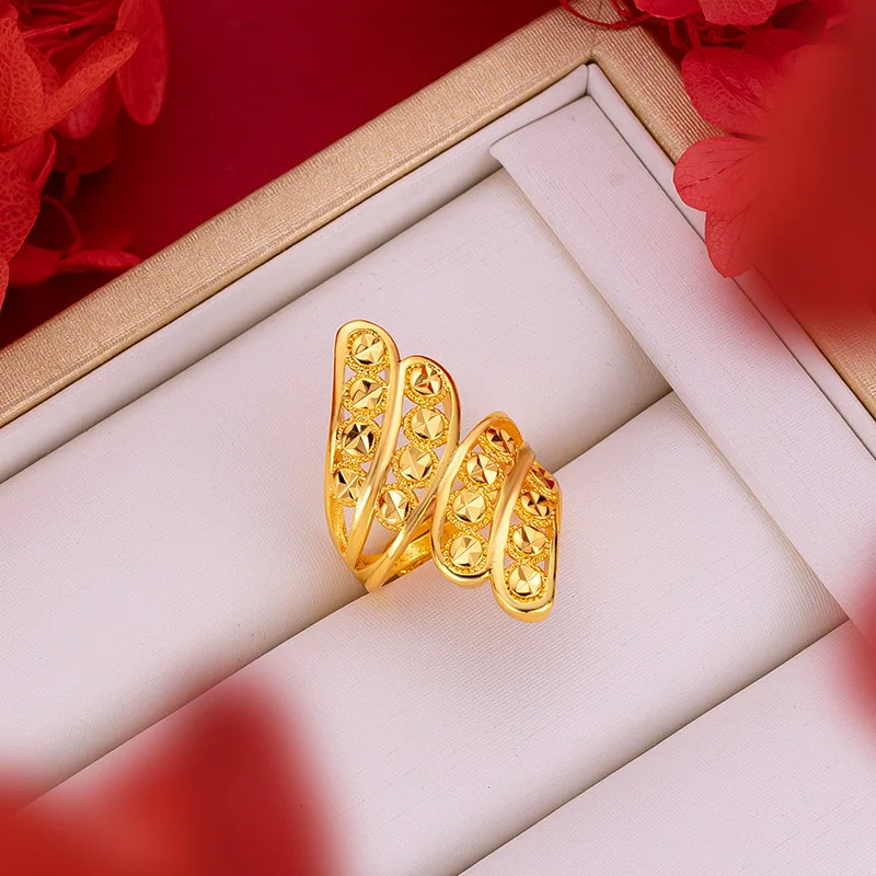 Hollow Exaggerated Women's Flower Large Ring Real 18k Yellow Gold