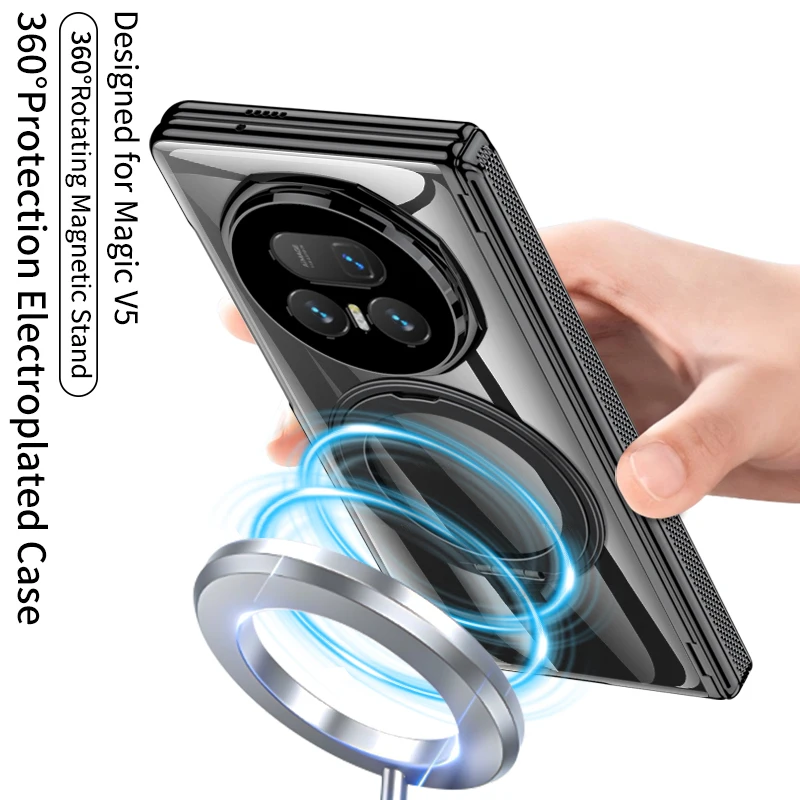 Enhanced Product Title:  
Electroplated Transparent MagSafe Case with Magnetic Rotating Ring Holder and Folding Hinge Featuring Tempered Film Cover