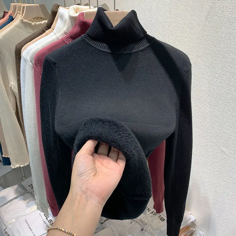 

2023 autumn and winter one fluffy coat women plus fleece thickened new slim-fit foreign style with high neck knit bottom shirt