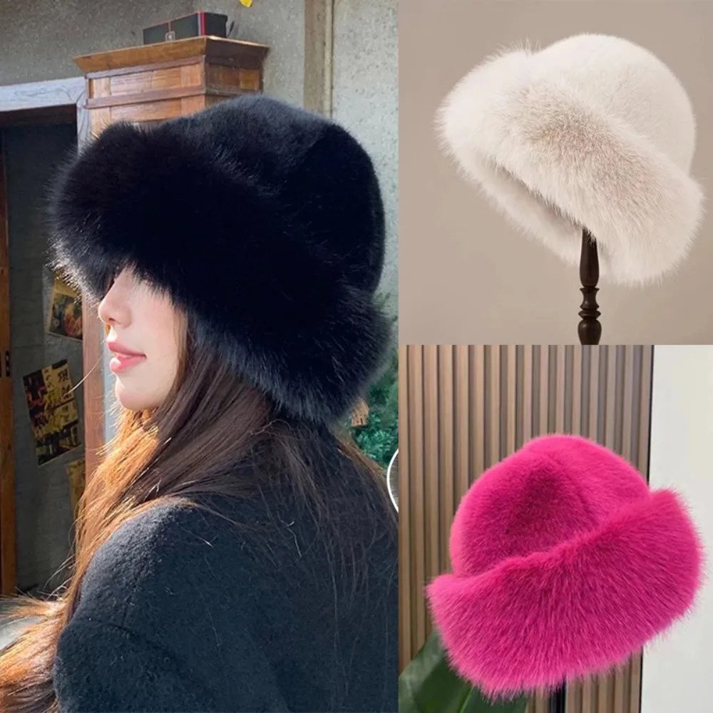 Fluffy Fur Bucket Hat For Women Plush Fisherman Hat Women's Winter Thicken Cold Snowy Day Panama Cap
