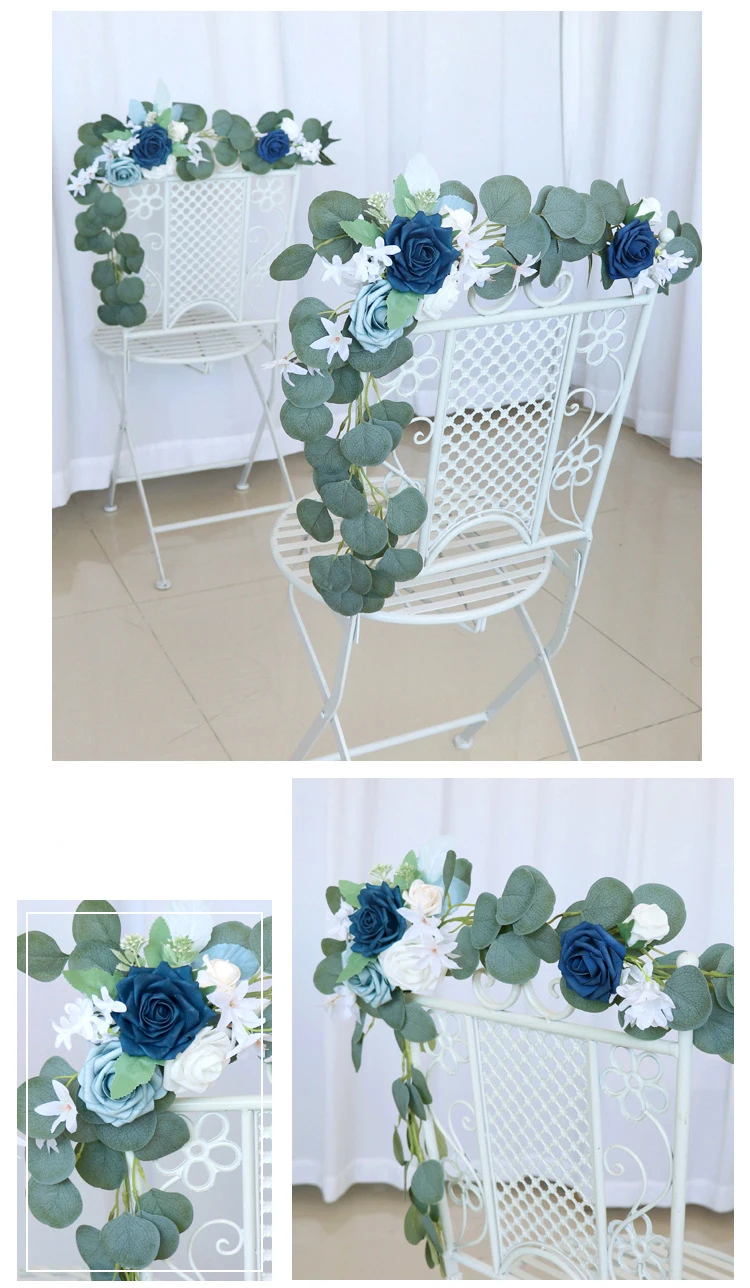 Yannew 2 stücke rustikale Hochzeit Bank Blumen staubigen blauen Gang Dekoration für Sommer hochzeits zeremonie Party Bank Stuhl Empfangs dekor – Detail 27
