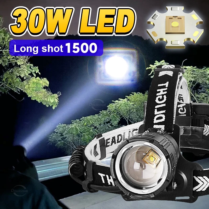 High Power Super Bright 30W LED Headlamp Fishing Headlight