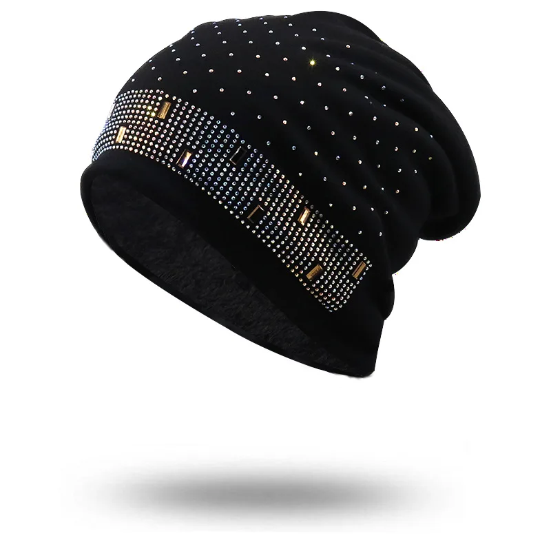 

Beanies For Woman Winter Thick Warm Brimless Bonnet With Rhinestones Female Casual Acrylic Hats Portable Outdoor Caps For Girls