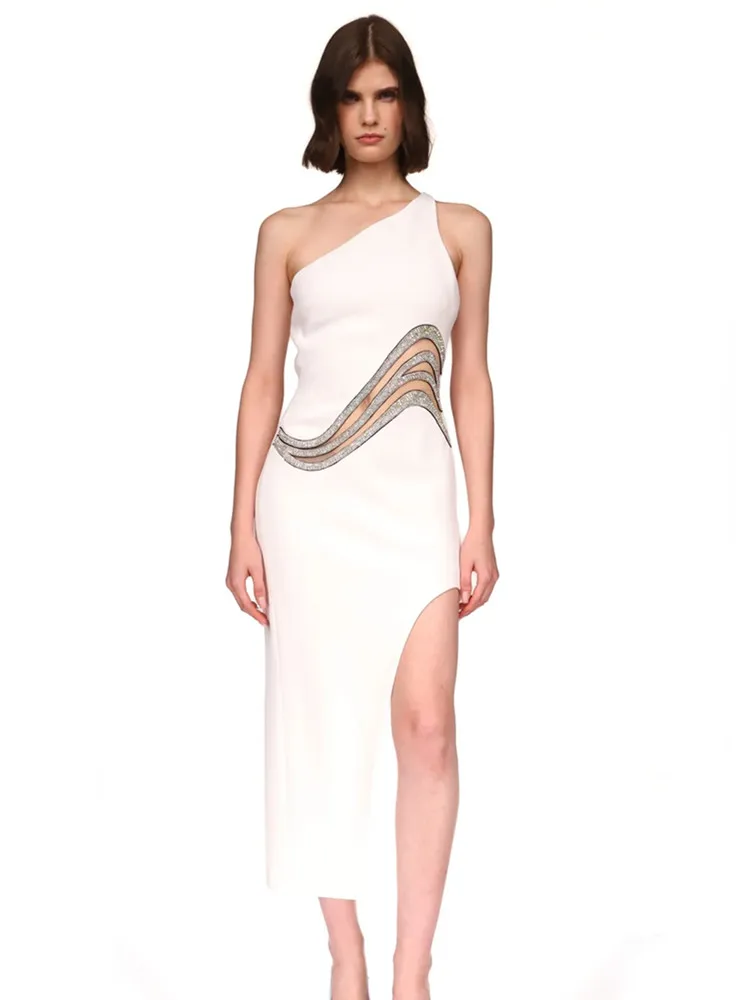 

2023 New Designer Women White Bandage Dress Sexy One Shoulder Diamonds Curved Waist Open Leg Long Celebrity Evening Party Gowns