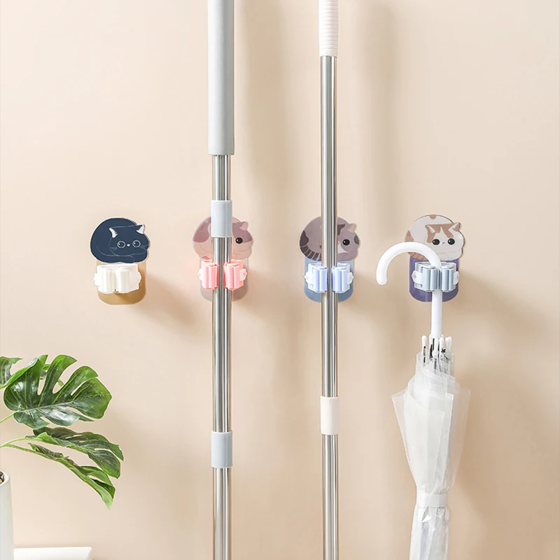 Description Picture 6 of item4Pcs Wall Mounted Mop Hook Cartoon Cat Multi-Purpose Holder Household Broom Handbag Umbrella Strong Rack Bathroom Tools Hanger