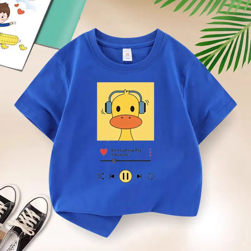 Neue Y2K-Tops, Enten, Musik hören, Grafikdruck, Baby-Jungen-T-Shirt, gelbe Baumwolle, Kinder-Tops, T-Shirt, Sommer-T-Shirt, 6, 8, 10, 12 Jahre