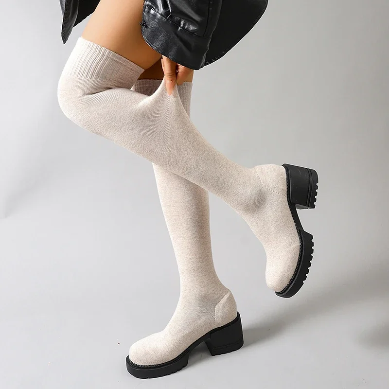Fashion Chunky Heel Over The Knee Boots Women Plus Size 35-42 Stretch Knitted Sock Boots Woman Non Slip High Heels Long Botas