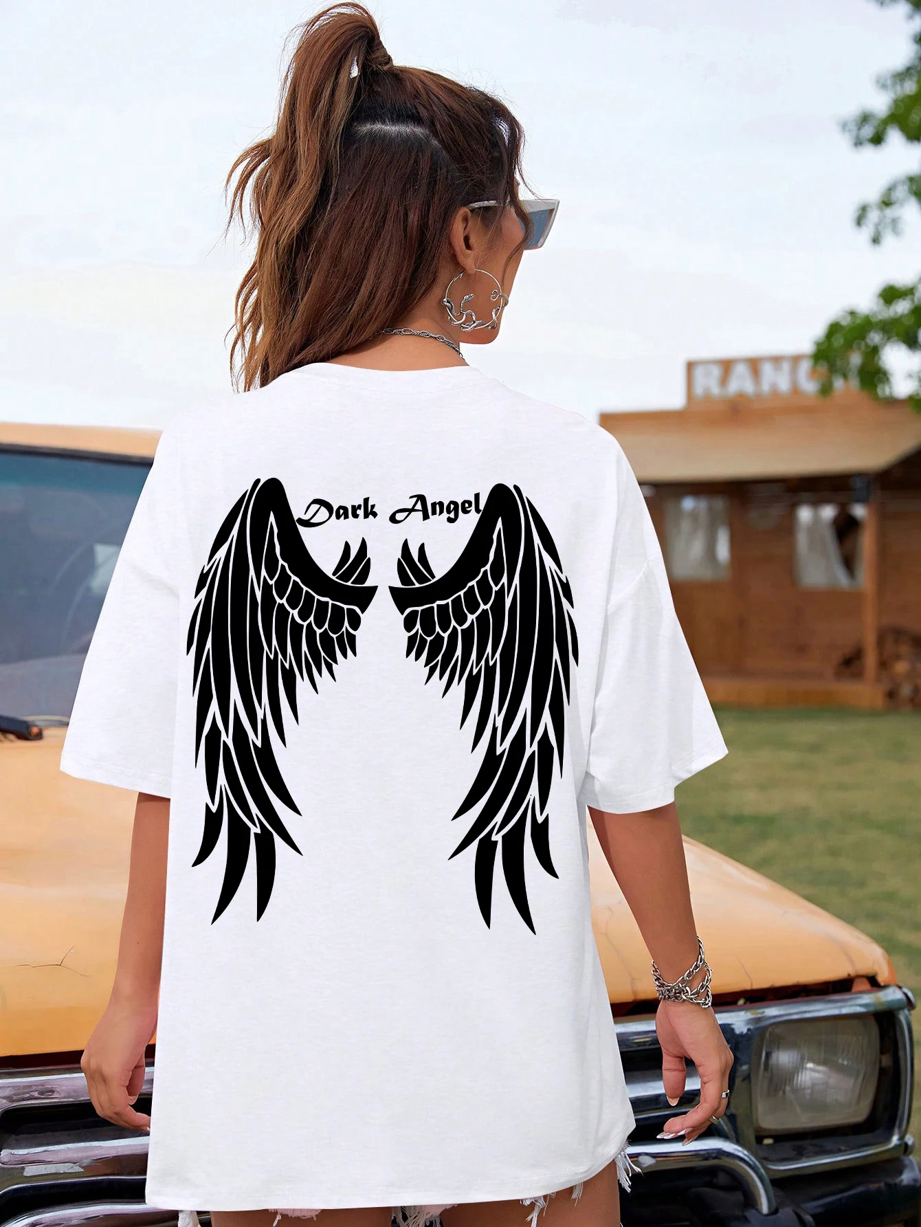 Dark Angel Wing Graphic Printed Oversized Cotton T-Shirt