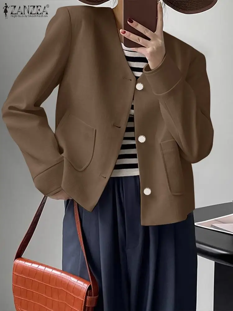 

ZANZEA Fashion Women Autumn Stylish Solid Coats 2023 Casual Work OL Suits Jackets Loose Thin Outwear V Neck Long Sleeve Blazer
