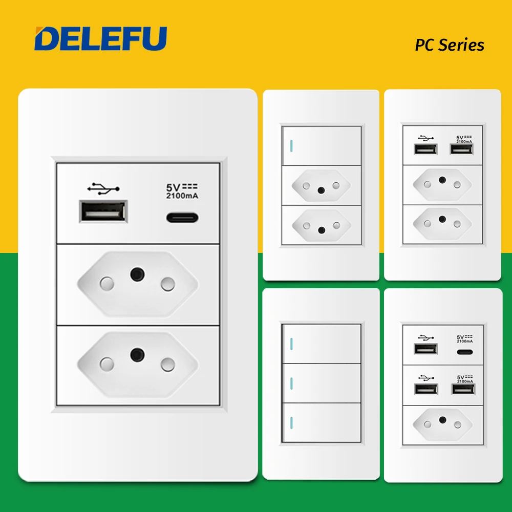 Delefu Fireproof Painel pc Brasil Standard Outlet Duplo Usb tipo c Parede Tomada Interruptor de Luz Escritório 118*72 mm Branco 10a 20a Paralelos