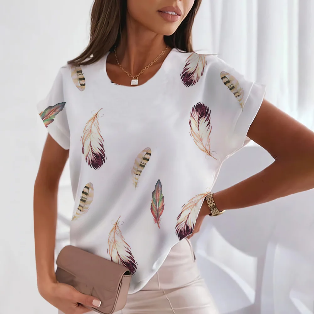

3D Women's T-shirts O Neck Summer Short Sleeve Tops Tees Feather Graphics Ladies Clothes Oversized Female Fashion Y2k Streetwear