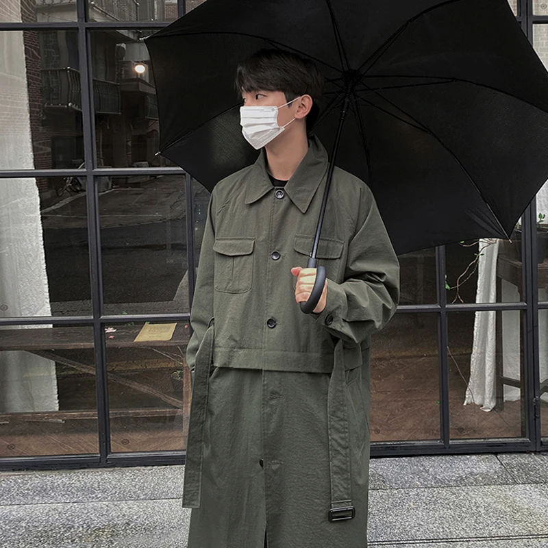 

Мужской двубортный плащ с поясом, свободная ветровка с отложным воротником, Длинные повседневные ветрозащитные куртки, Тренч N66, 2023