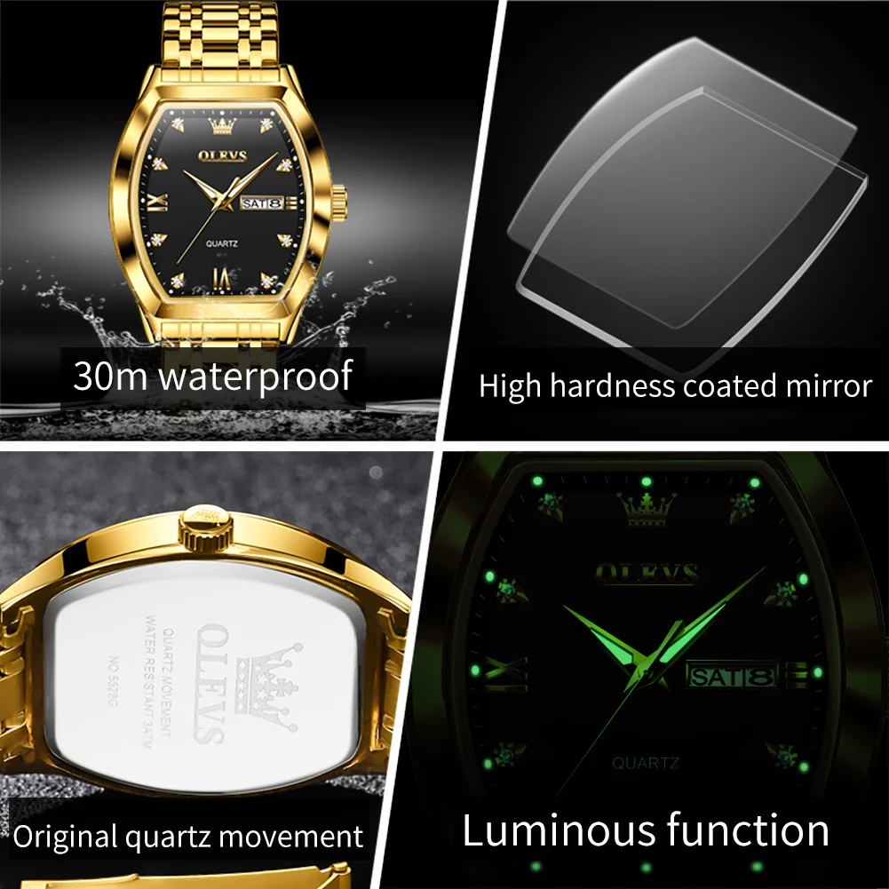 OLEVS Mens Watches Top Brand Luxury Gold Tonneau Dial Quartz Watch Men Stainless Steel Waterproof Wristwatches Relogio Masculino
