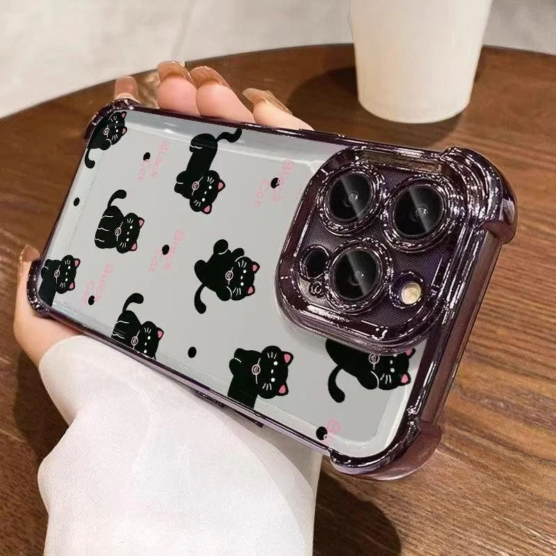 Luxury Black Cat Phone Case with Plated Soft Back Cover