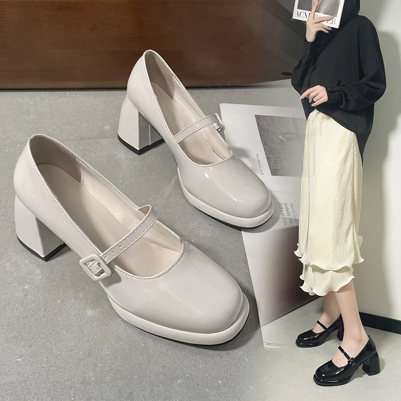 Ladies Shoes Buckle Strap Platform Women's Pumps Shallow Square Heel Square Toe High Heel Pump Women Solid mary jane shoes