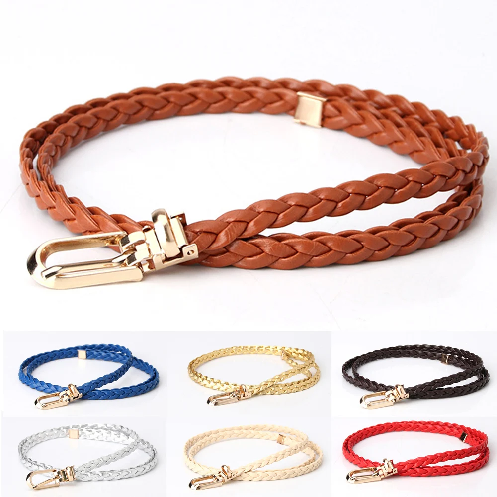 

Women Belt PU Leather Weave Waist Belt Solid Color Female Alloy Pin Buckle Braided Thin Waist Belt Dress Coat Decor Waistband