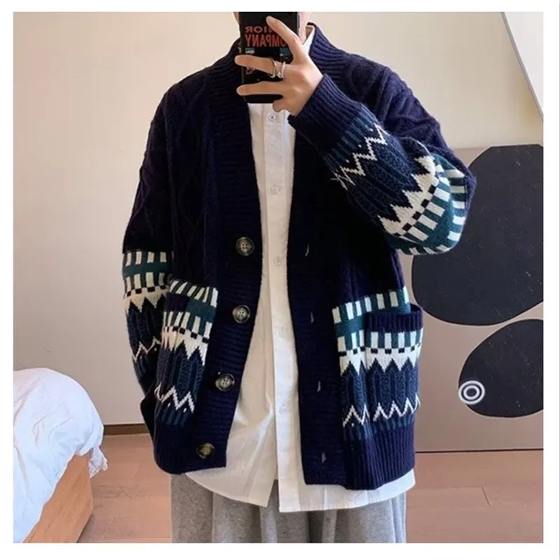 2023 Autumn/Winter Korean Versatile V-neck New Sweater Men's Loose and Thickened Knitwear Couple Casual Cardigan Coat K0021