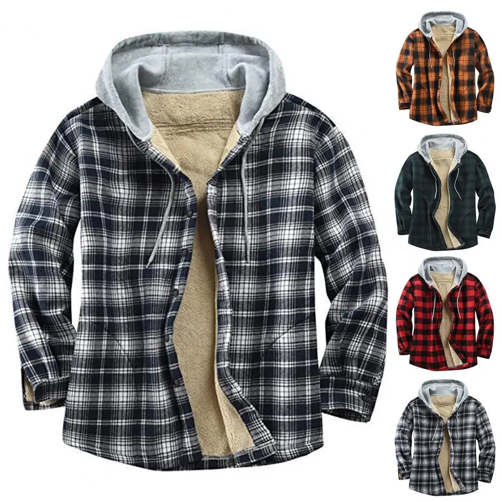 

Warm Wool Coats Fashion Winter Men Jacket Plaid Buttoned Coldproof Loose Plush Lining Hooded Jacket Outwear Casual Men Cardigans