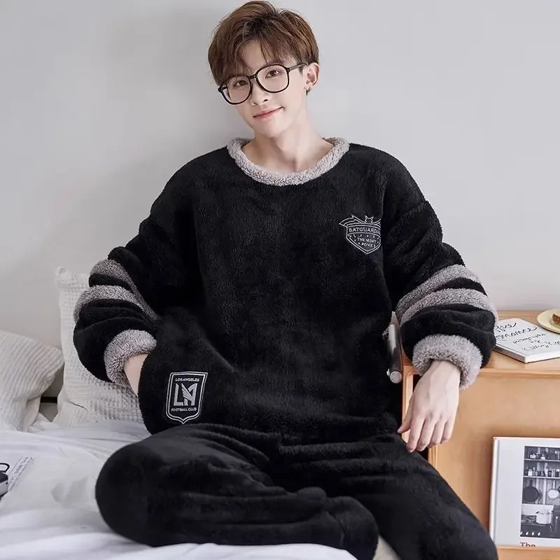 Pajamas Men Coral Velvet Sleepwear Sets Autumn Winter Nightgown Male Plush Thick Household Aparel Youth Flannel Home Wear Suit