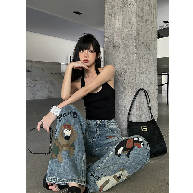Blue Women Jeans High Waist Fashion American Graffiti Y2K