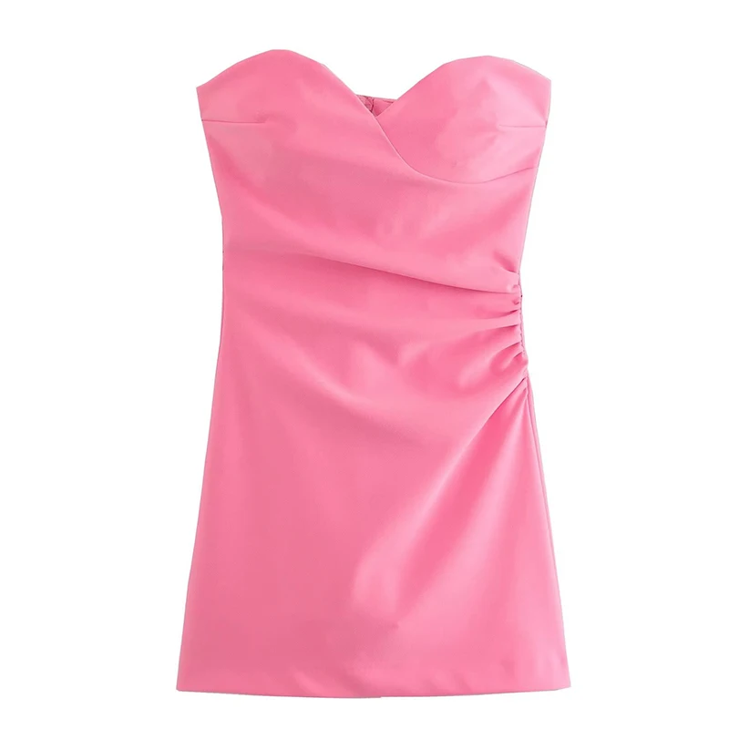 YENKYE New Fashion Women Pink Ruched Strapless Dress Sleeveless Back Zipper  Female Party Mini Sexy Vestidos - AliExpress 200000345