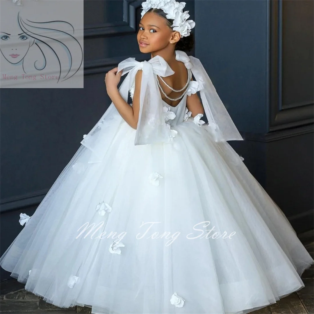 

White Formal Fluffy Tulle Lace Flower Girl Dresses With Sleeveless Appliques Princess For Holy Communion Kids Birthday Ball Gown