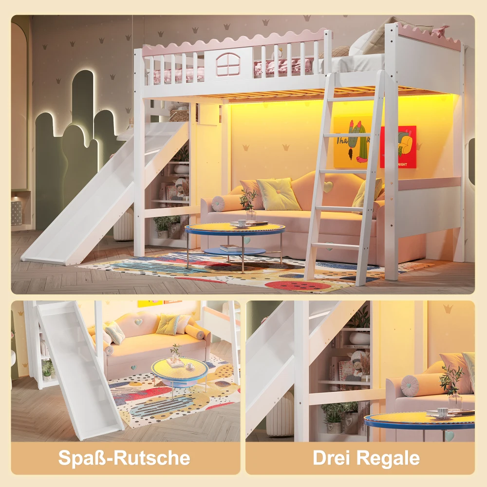 90x200cm modernes Etagenbett, Einzelbett (ohne Matratze), mit LED-Leuchten, mit Kleiderschrank, mit Ablagefach, Kiefernholz, für Schlafzimmer – Detail 28