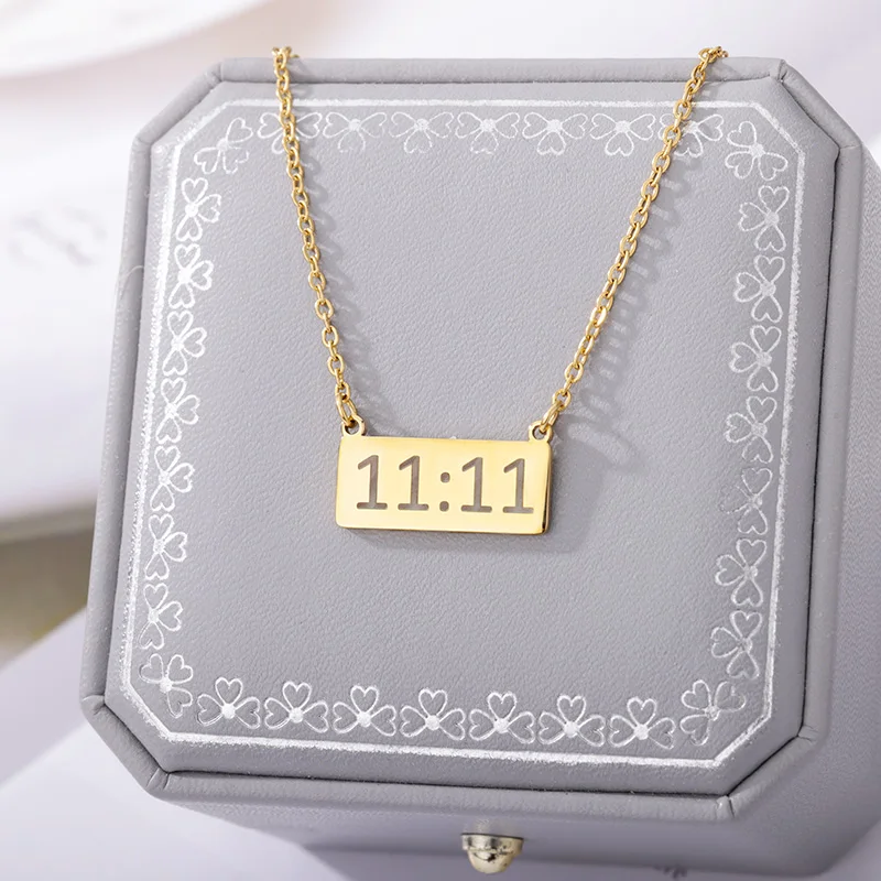 11:11 Rectangle Pendant Necklace for Women Stainless Steel Gold Color Necklaces Lucky Meaningful Angel Number Jewerly collares