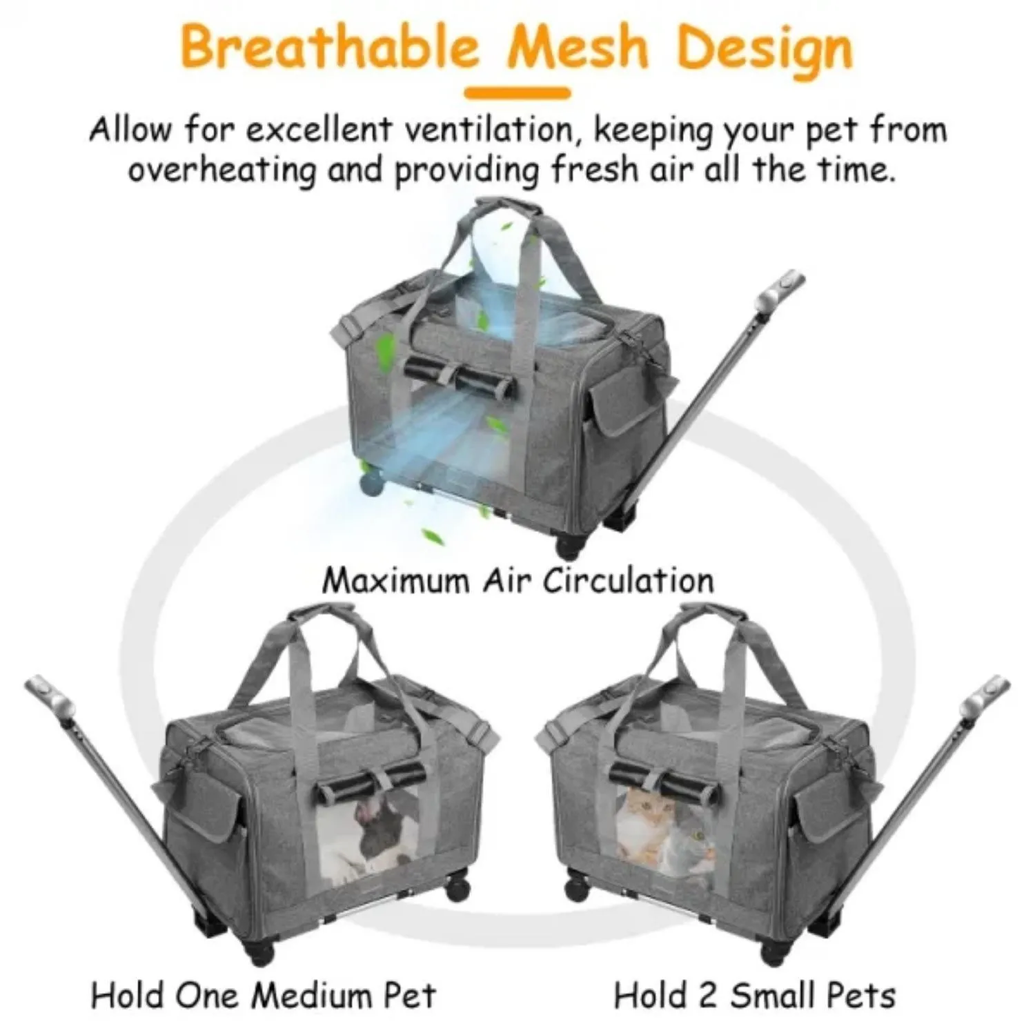 Double-Compartment Pet Rolling Carrier Cat Dog Rolling Carrier with Detachable Wheels Telescopic Handle Adjustable Shoulder Stra